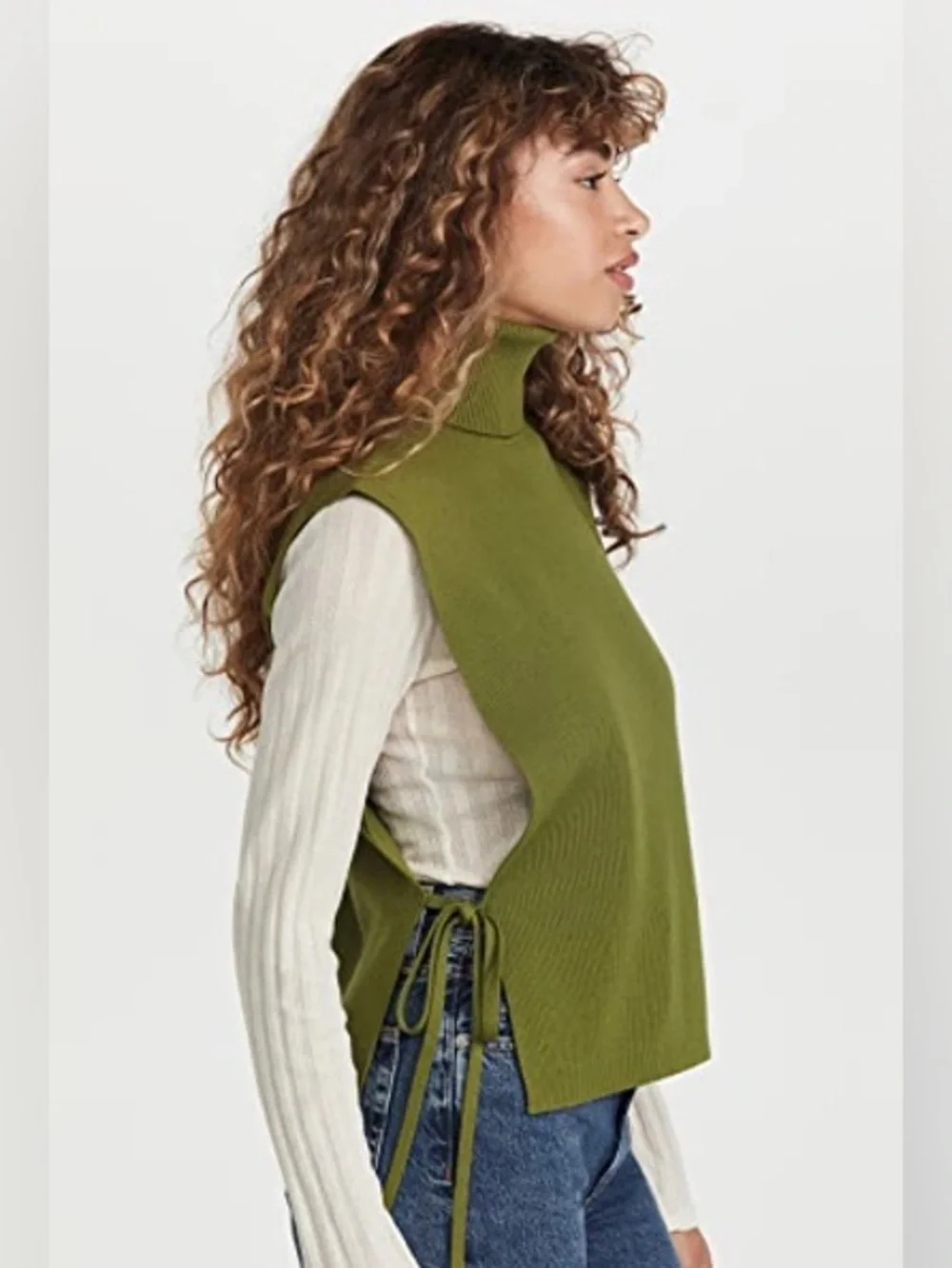 Tory Burch Ribbed Merino Wool Dickie Dark Mossy Green Turtleneck Vest Size M/L